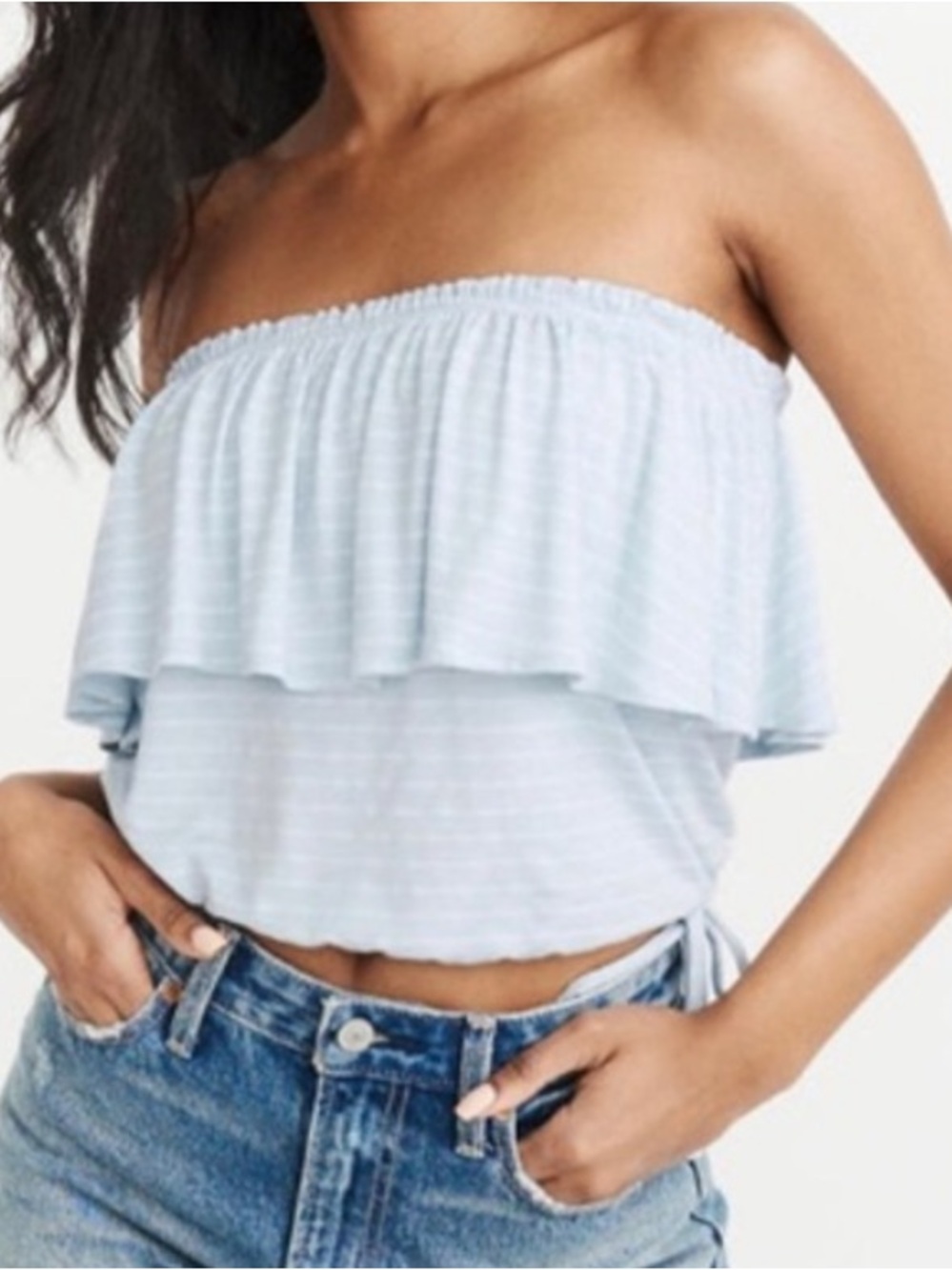 Abercrombie & Fitch Light Blue Striped Strapless Ruffle Crop Top
